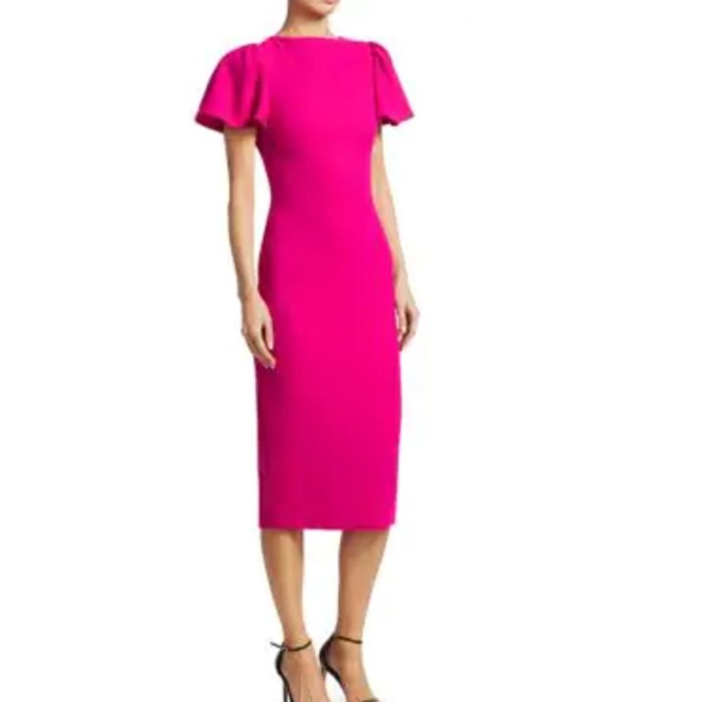 Brandon Maxwell NWOT wool pink sheath dress with exaggerated flutter sle…